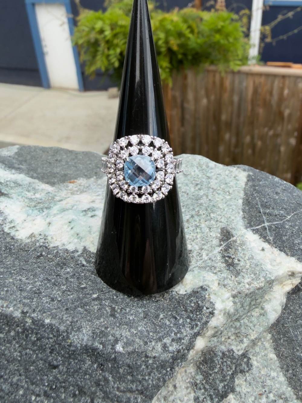 The Celeste Ring Aquamarine Cubic Zirconia Double Halo Statement Ring - Picture 5 of 10